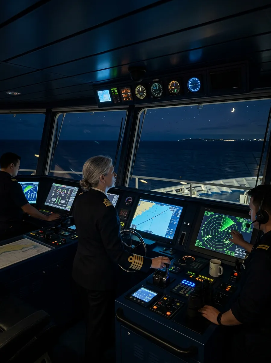 A ship&rsquo;s bridge at night with instruments lit