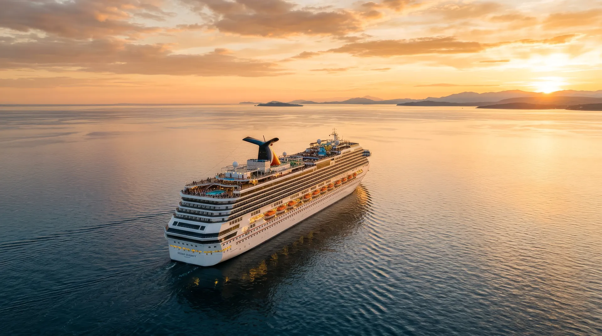 A cruise ship at sea at golden hour